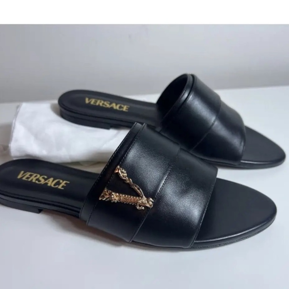 Versace Virtus Black Leather Sandal - Picture 3 of 10